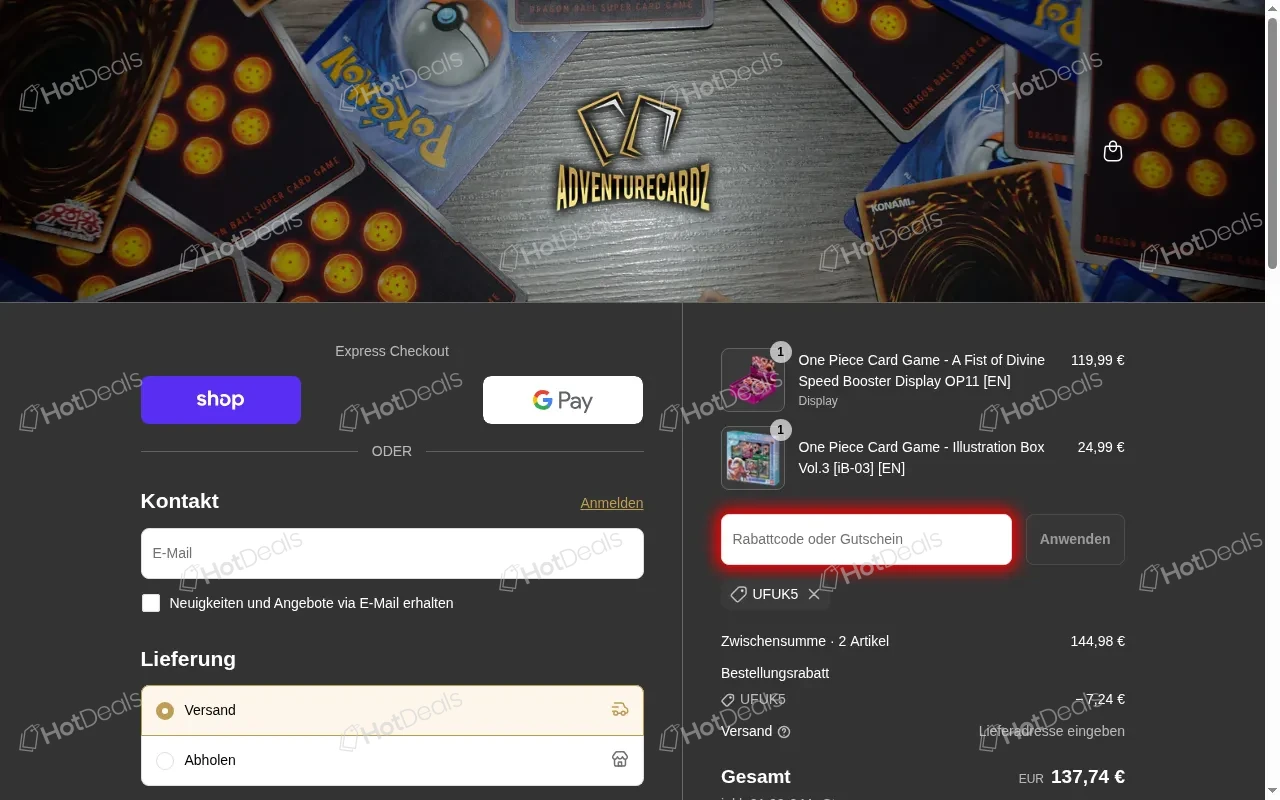Schritte zum Einlösen eines AdventureCardz Gutscheincodes beim Checkout