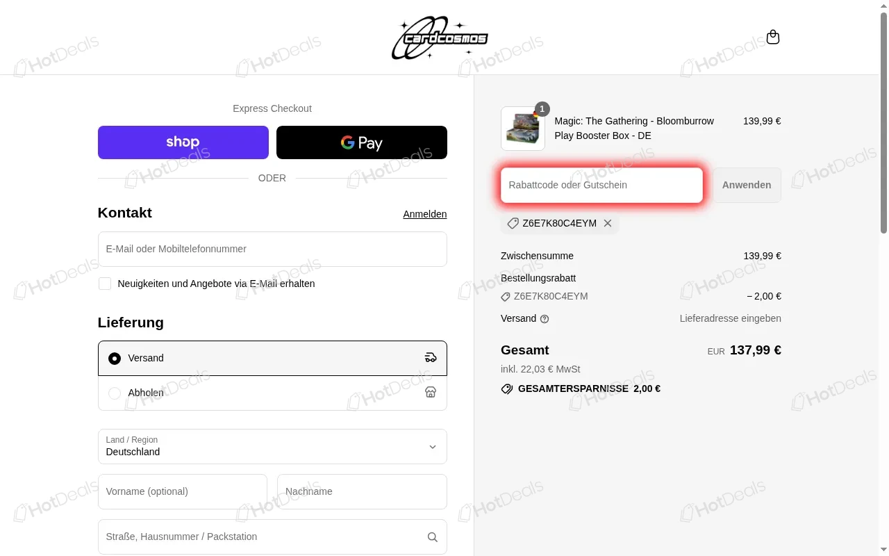 Schritte zum Einlösen eines CardCosmos Gutscheincodes beim Checkout