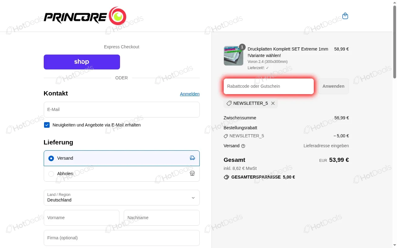 Schritte zum Einlösen eines PRINCORE Gutscheincodes beim Checkout