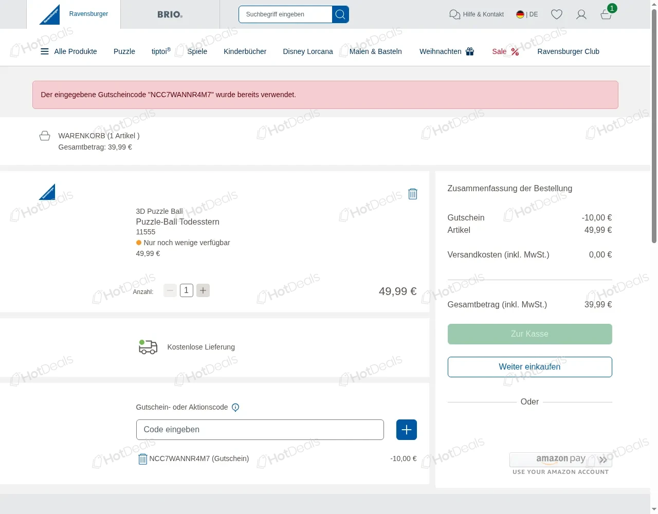 Schritte zum Einlösen eines Ravensburger Gutscheincodes beim Checkout