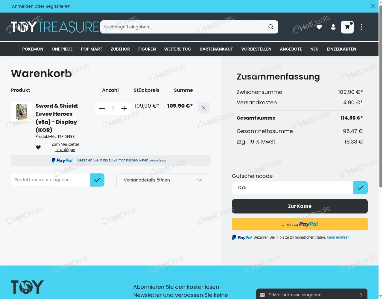 Schritte zum Einlösen eines Toy-Treasure Gutscheincodes beim Checkout