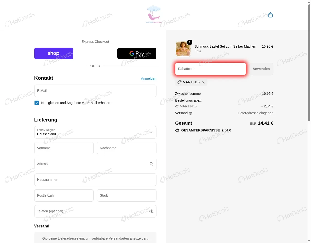 Schritte zum Einlösen eines Wolkenschaukel Gutscheincodes beim Checkout